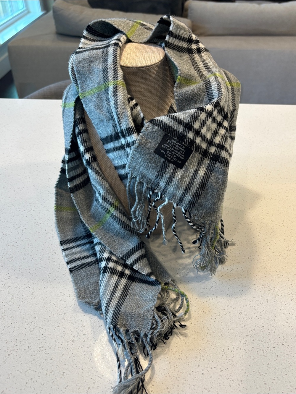 Cozy Gray Plaid Fringe Scarf - Soft Winter Wrap Made in Germany
